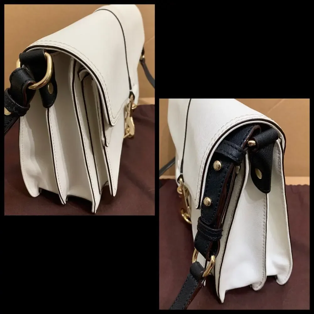 REBECCA MINKOFF White Saffiano Leather HUDSON Flap Large Xbody Msgr Black Trim